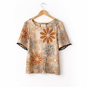 Bobeau Floral Boho Top S Beige Rust Rayon Blouse Lace Trim Cottagecore